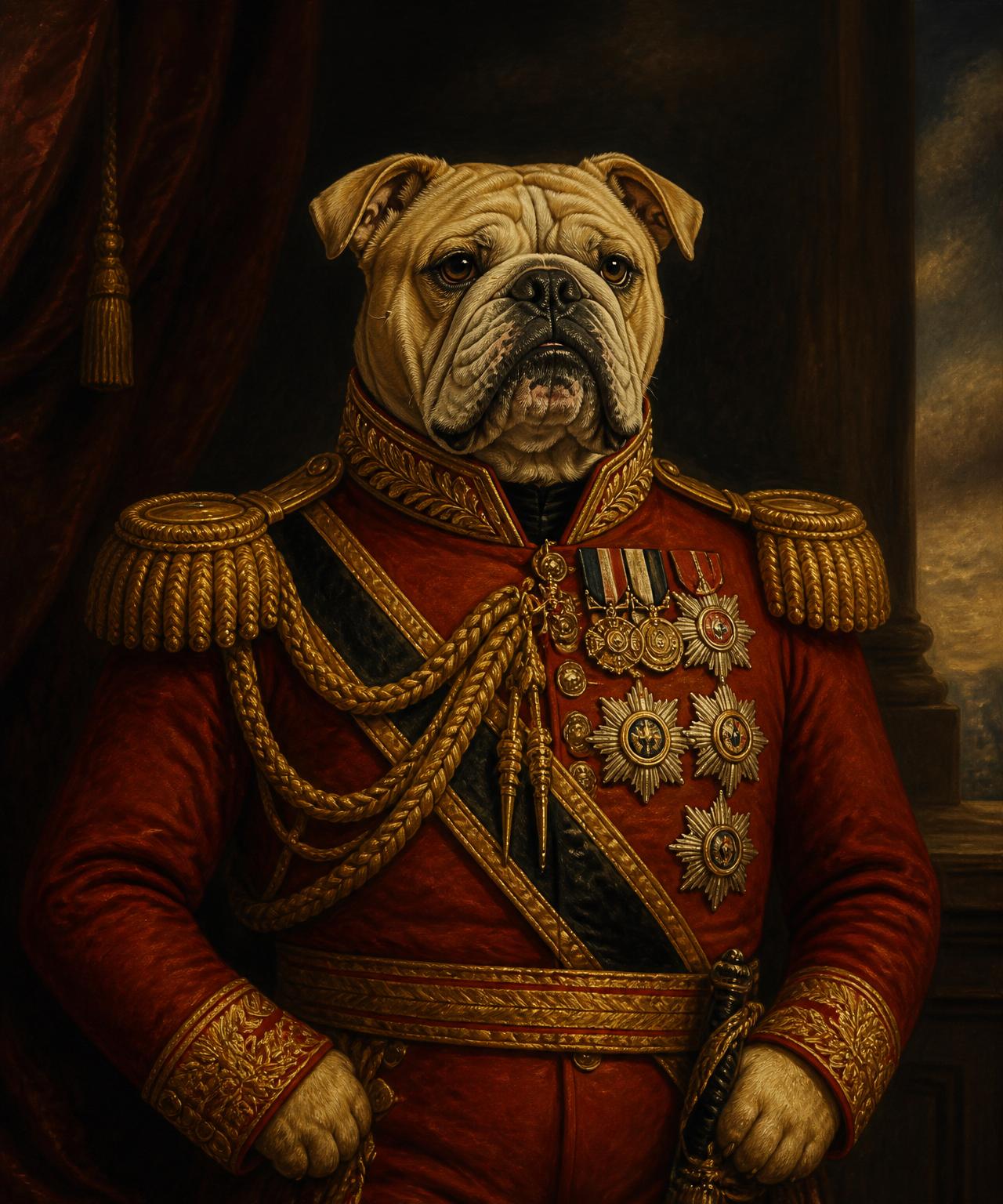 Sir Winston, chien bouledogue en uniforme de général, portrait d'époque muséal